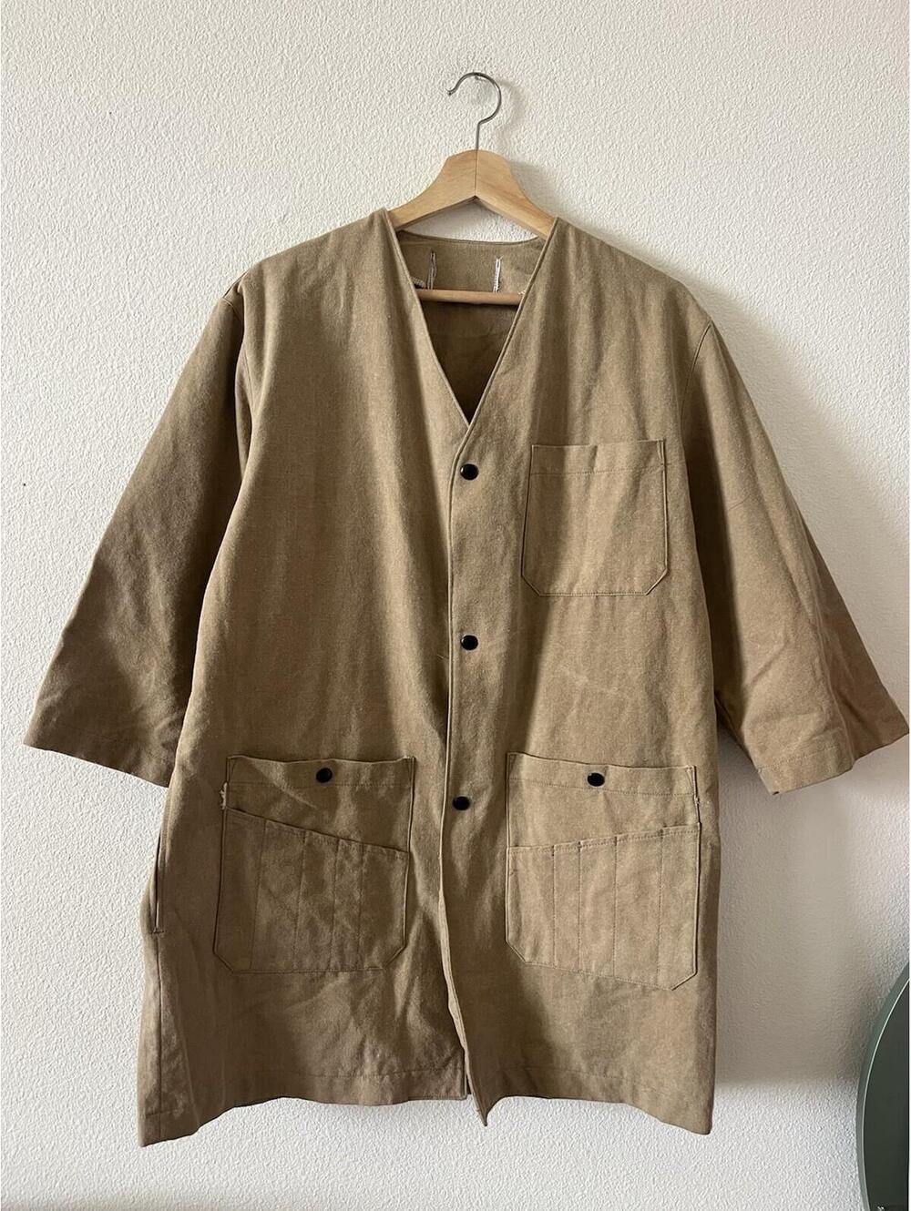 V-Neck Canvas Worker Cardigan Kimono Jacket Tan Brown